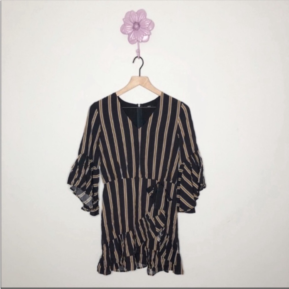 New Lucca Couture Black/Gold Stripe Faux Wrap Dress